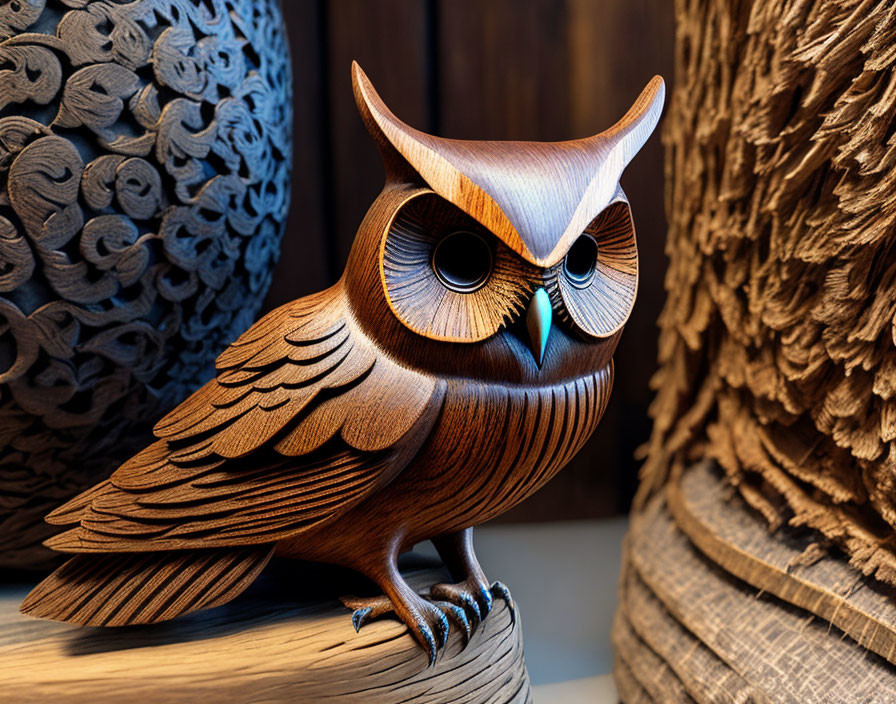 Detailed Wooden Owl Sculpture with Large Eyes and Textured Sphere Displayed beside Cylindrical Structure