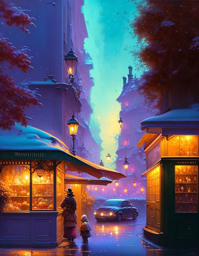 Colorful urban street scene with fruit stall, vintage lamps, and starlit sky.