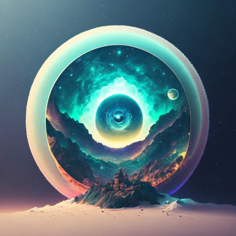 Surreal landscape with cosmic portal, mountains, galaxy, eye, and celestial bodies.