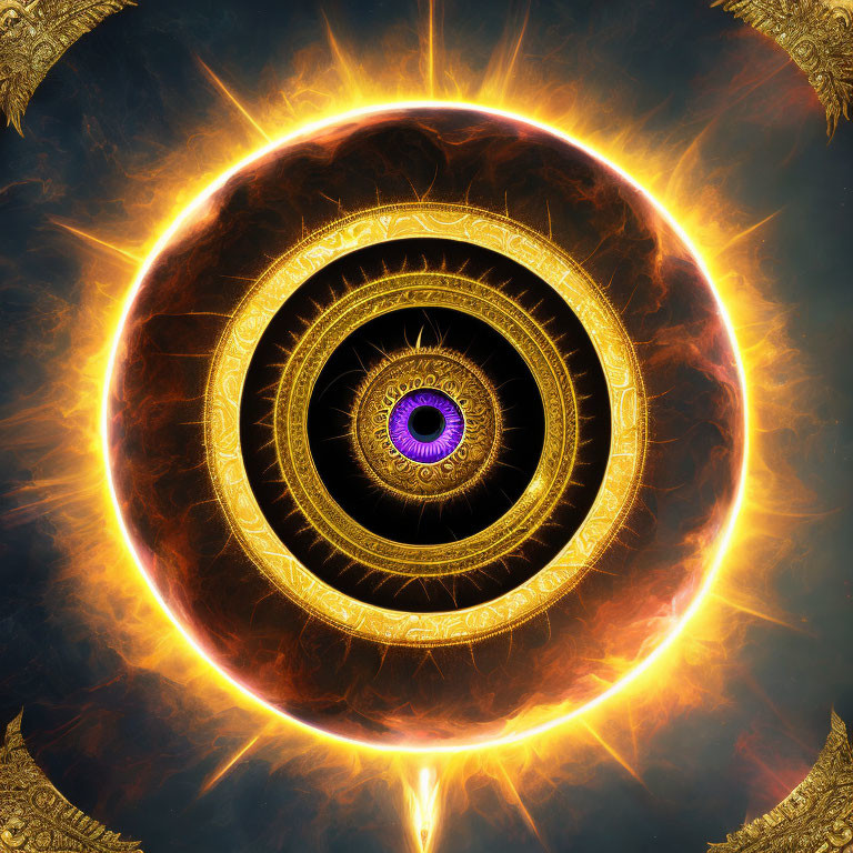 Fiery eye with purple pupil and golden patterns - mystical and intense gaze