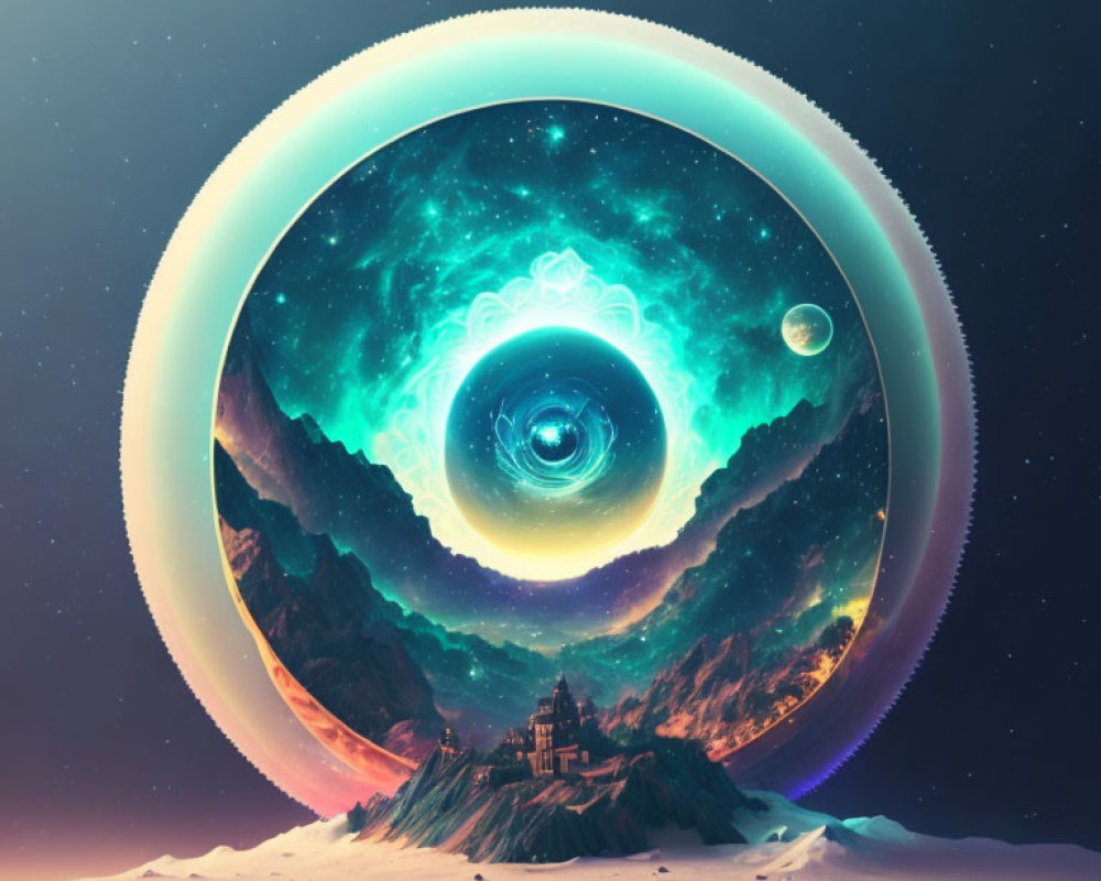 Surreal landscape with cosmic portal, mountains, galaxy, eye, and celestial bodies.