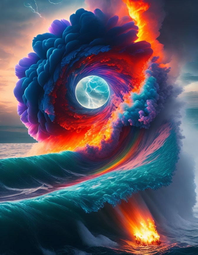 Surreal image of massive wave with fiery and cool tones encircling glowing portal