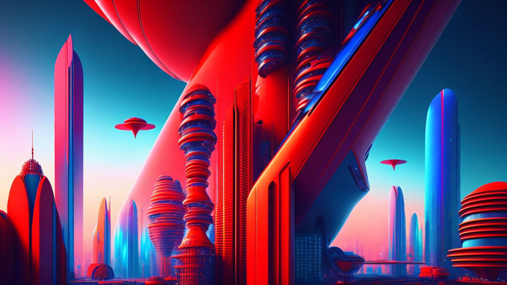 Futuristic cityscape with neon-lit skyscrapers and flying vehicles