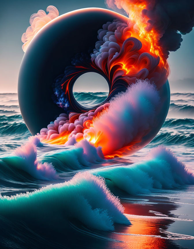 Surreal torus-shaped object with fiery textures above tranquil sea