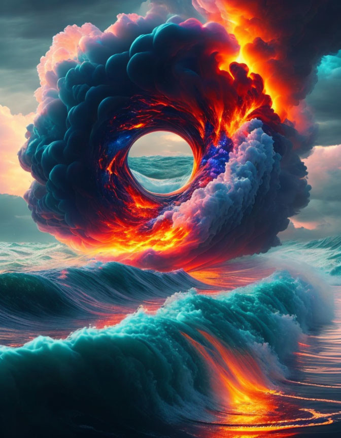 Gigantic fiery wave in circular tunnel against dramatic ocean and sky