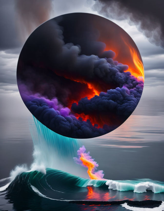 Surreal circular portal with volcanic eruption over calm sea