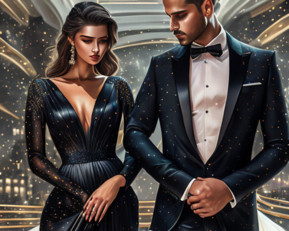 Elegant couple in formal attire in grand hall with glass ceiling