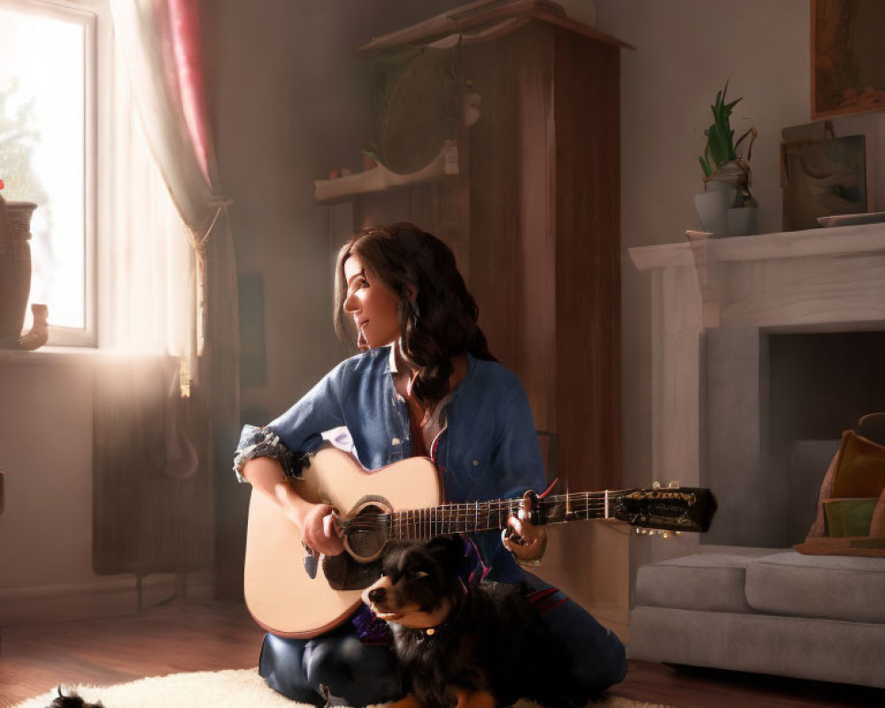 Woman playing guitar with two dogs in cozy room