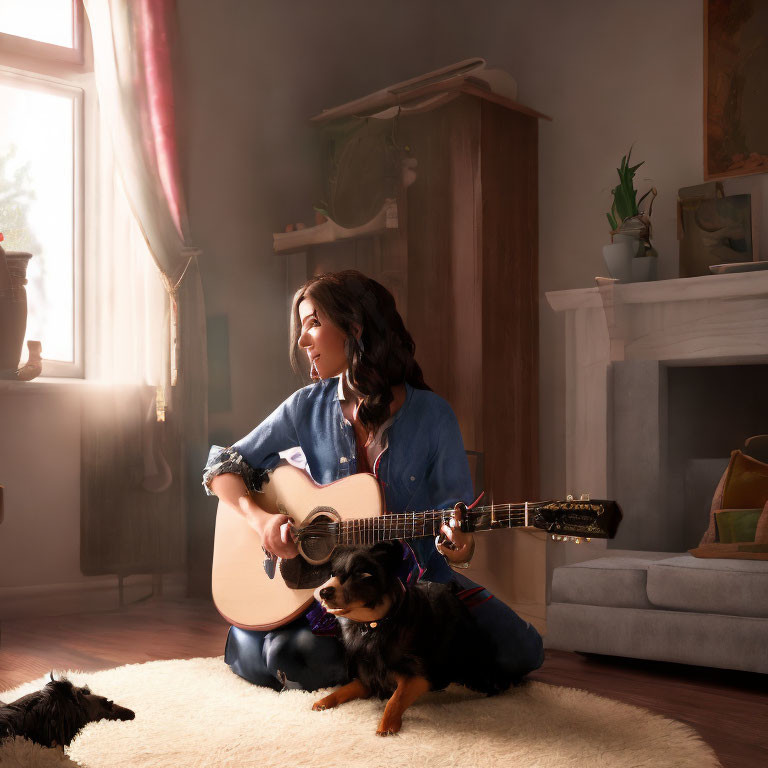 Woman playing guitar with two dogs in cozy room