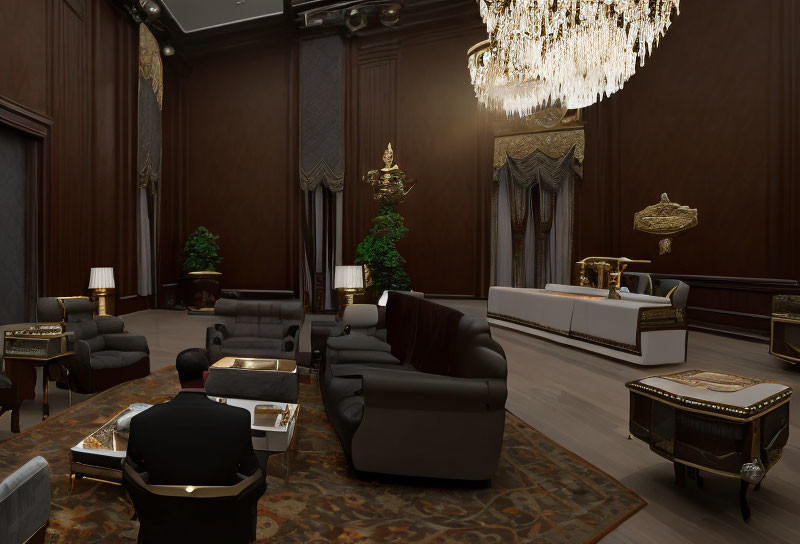 Luxurious Room with Crystal Chandelier and Reception Desk