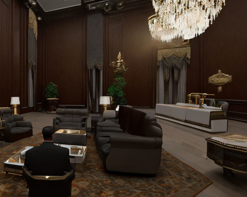 Luxurious Room with Crystal Chandelier and Reception Desk