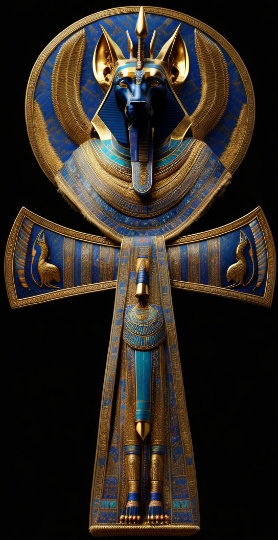 Intricate Ankh with Anubis head in blue and gold on black background