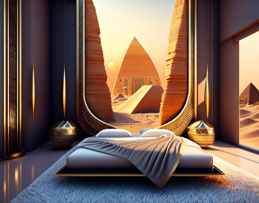 Luxurious Bedroom with Open View of Egyptian Pyramids & Modern Decor