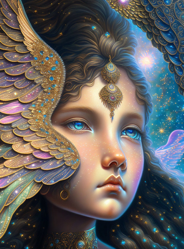 Fantastical being with wing-like adornments and sparkling blue eyes