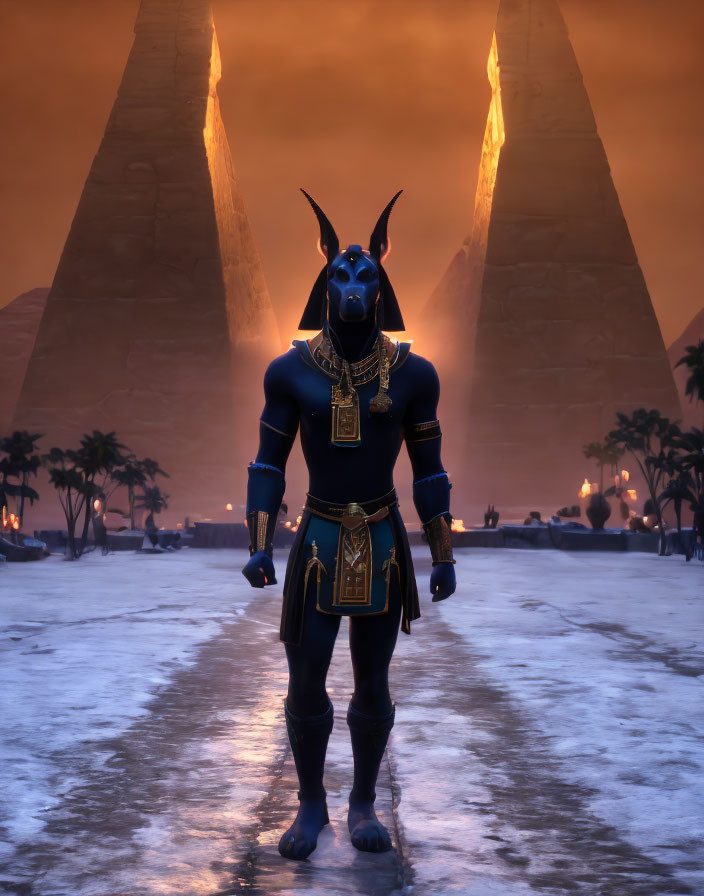 Digital Artwork: Anubis Character with Pyramids in Misty Egyptian Setting