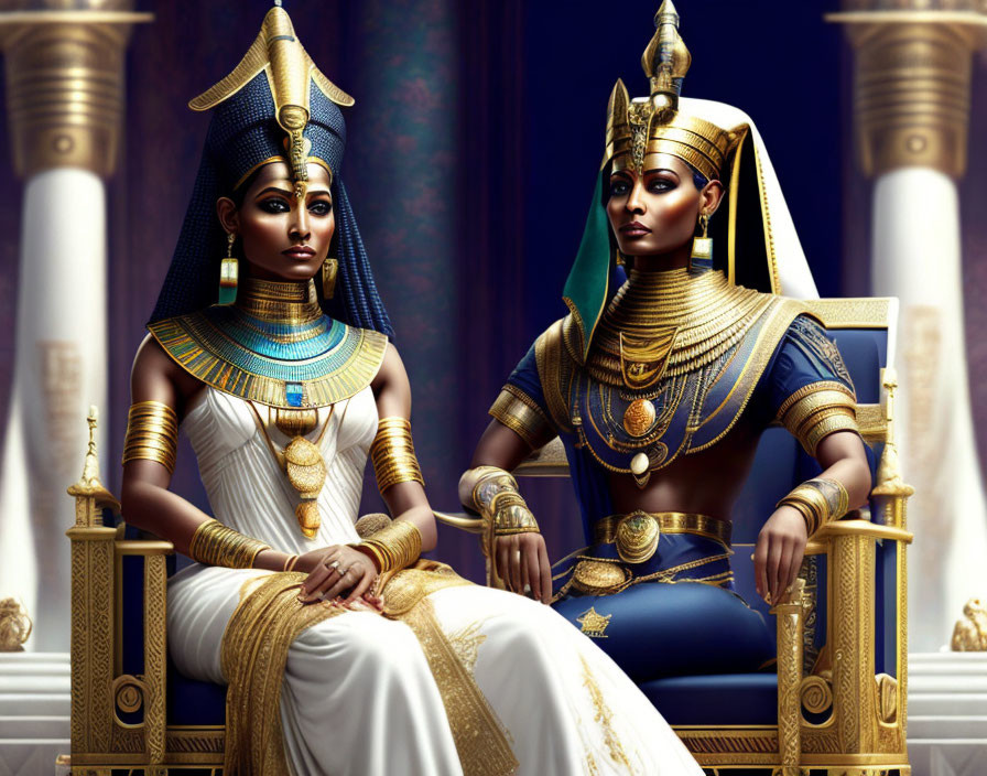 Regal ancient Egyptian attire on two individuals with ornate columns