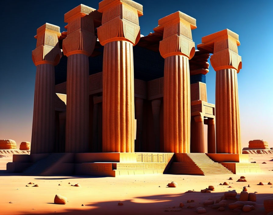 Computer-generated ancient temple with towering pillars in desert sunset.