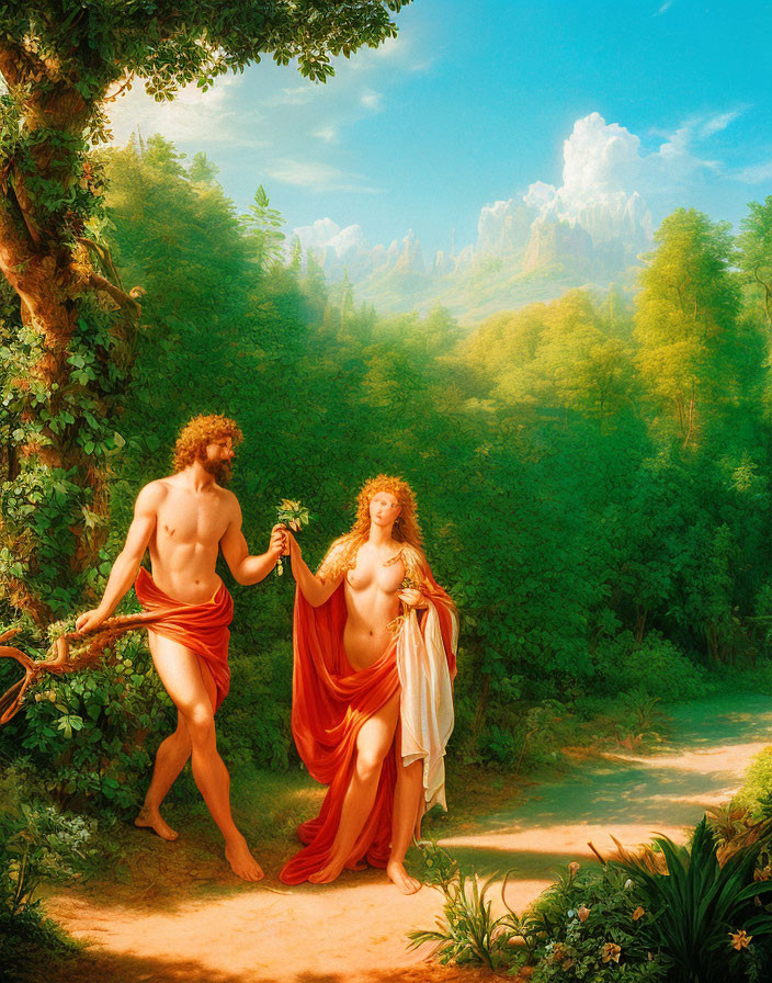 Adam and Eve painting: Garden of Eden scene with apple, serpent, lush greenery