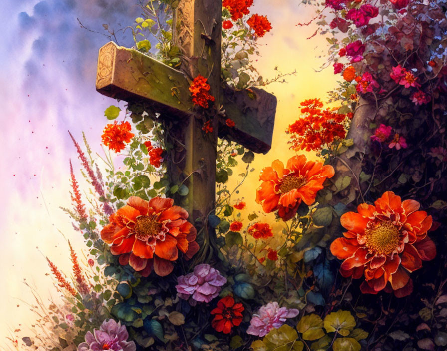 Colorful painting of wooden cross and flowers under pastel sky