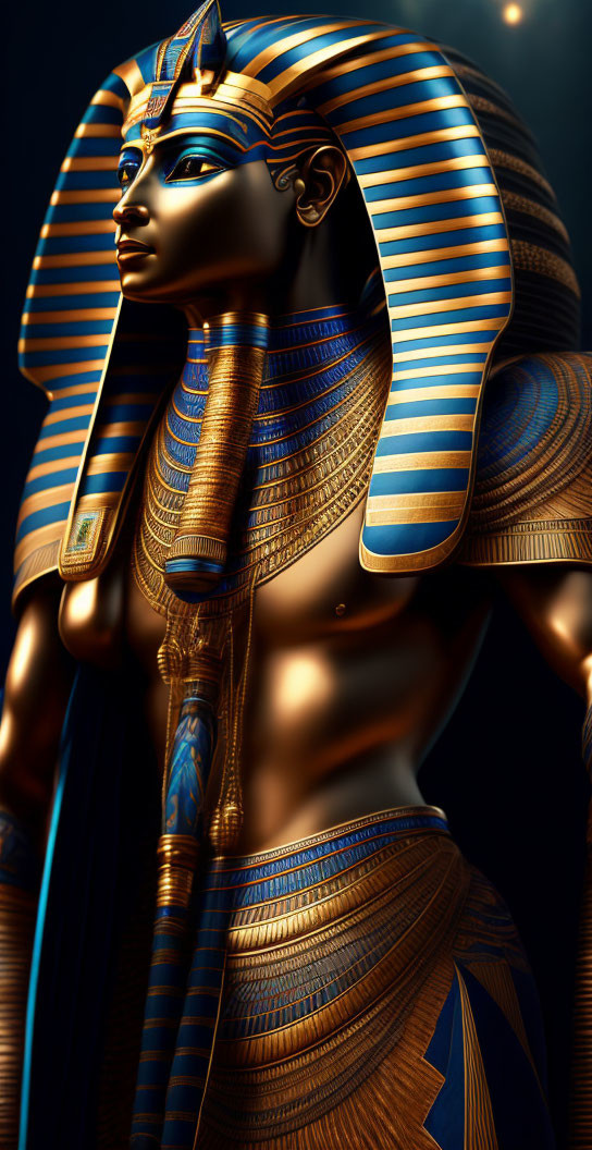 Detailed Digital Art: Egyptian Pharaoh in Gold & Blue