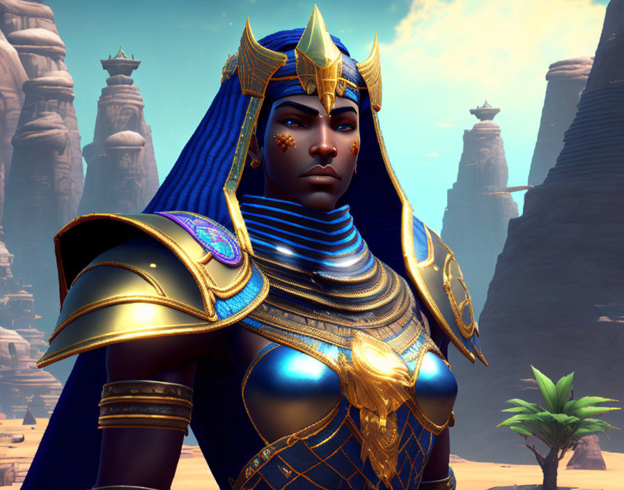 Regal woman in golden and blue armor against desert backdrop