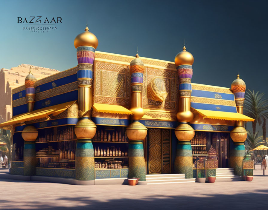 Vibrant bazaar with golden domes under clear blue sky