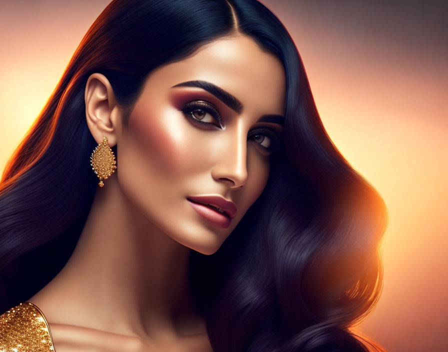 Illustrated portrait of a woman with flawless skin and dramatic makeup against warm backdrop