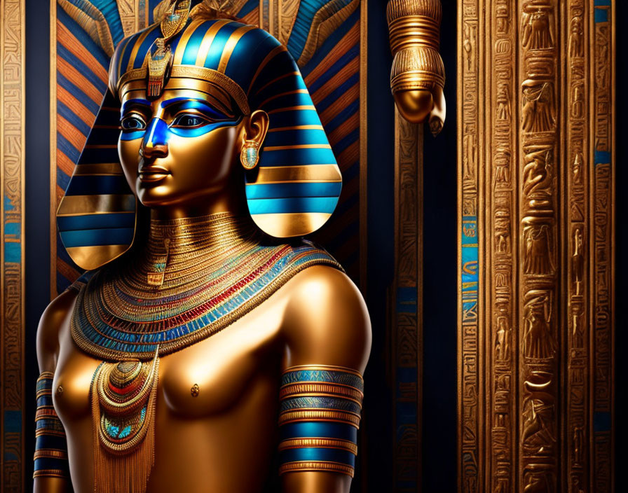 Vivid digital artwork of an Ancient Egyptian pharaoh in gold and lapis lazuli