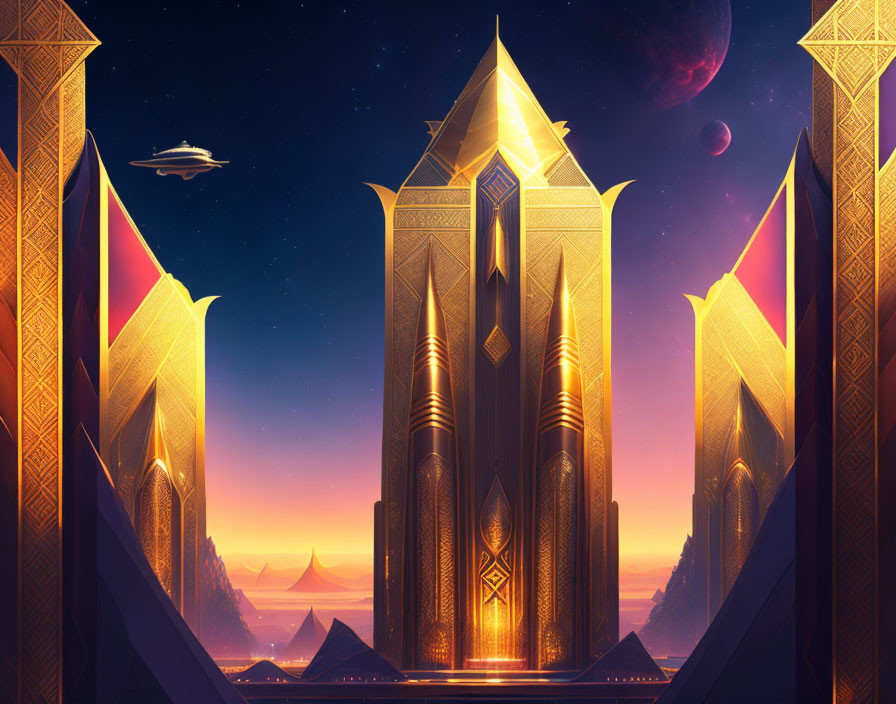 Golden futuristic towers on alien planet with pyramids and spaceship.