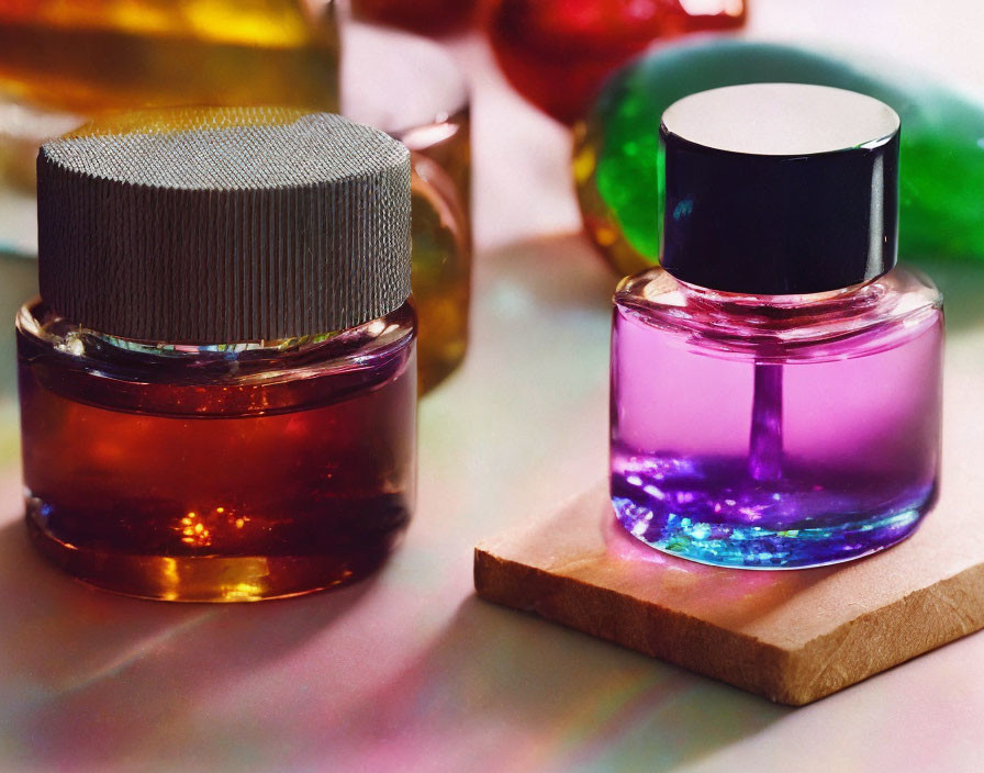 Colorful amber and purple glass ink bottles on reflective surface with soft lighting