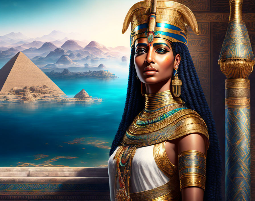 Ancient Egyptian Queen with Pyramids and River Landscape