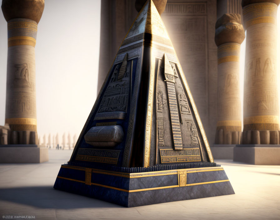 Small-scale Egyptian pyramid model with hieroglyphics amidst pillars under soft-lit sky