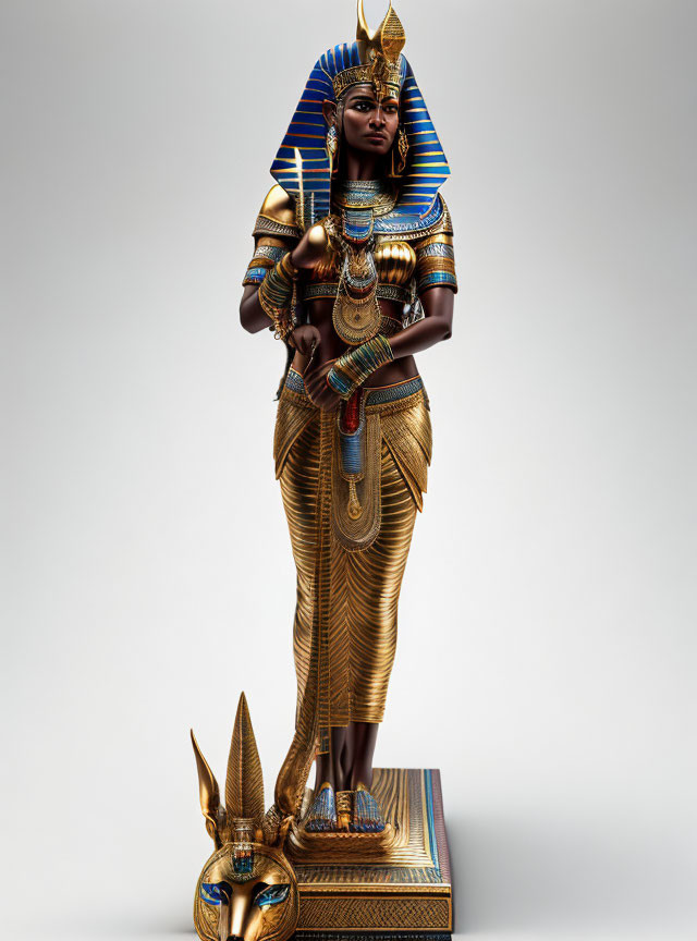 Stylized digital artwork of regal female figure in Egyptian Pharaoh attire with Anubis mask