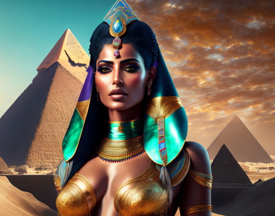 Digital artwork: Ancient Egyptian woman with traditional jewelry and headdress at Great Pyramids.