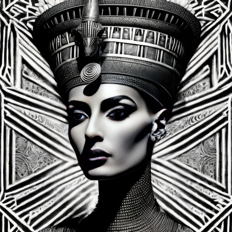 Monochrome portrait of woman with intricate headdress and geometric textures