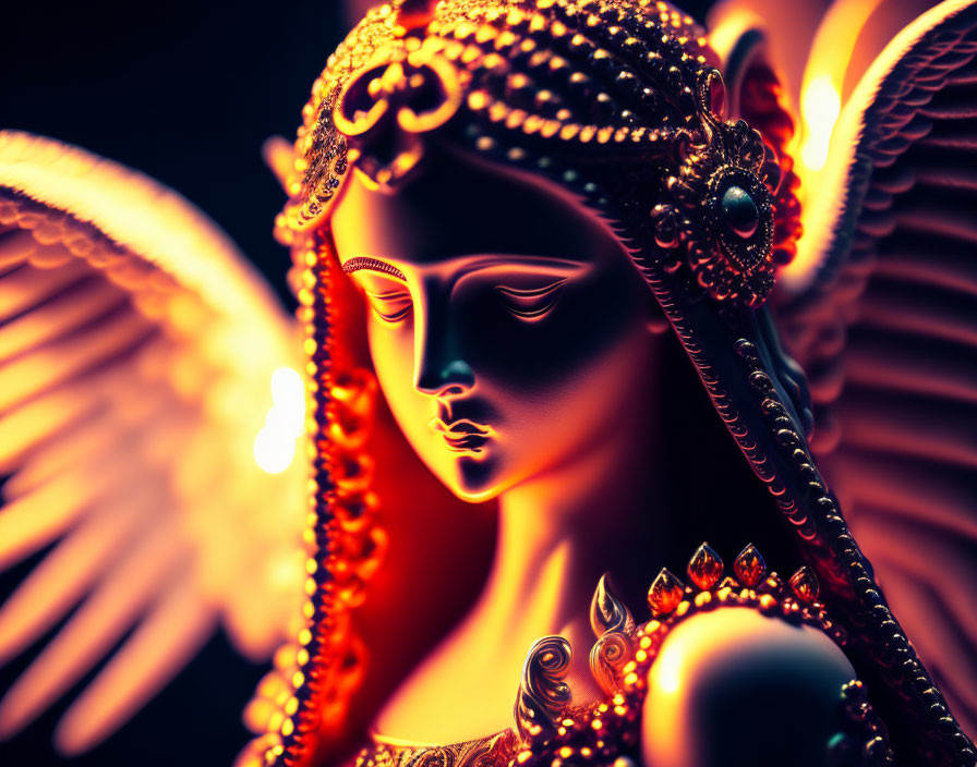 Serene angelic figure with ornate head jewelry and glowing wings on dark background