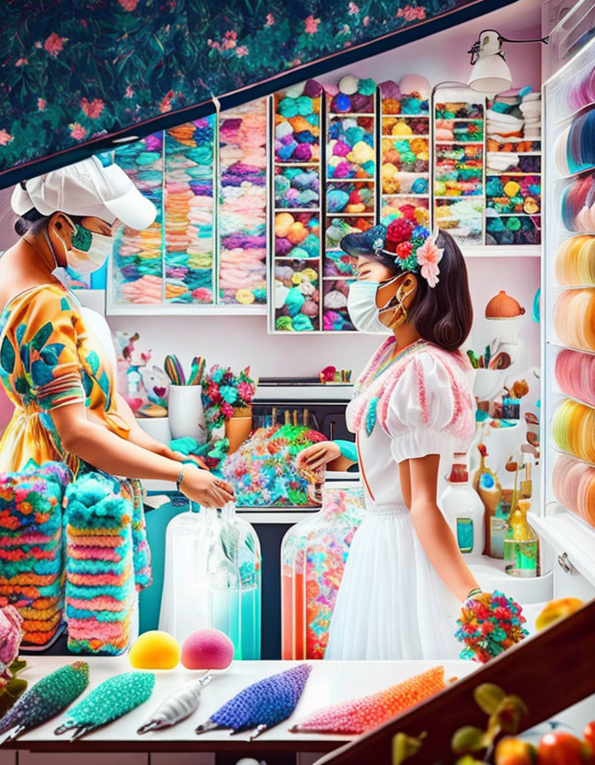 Two individuals in a vibrant yarn and craft shop, one in VR headset, the other with floral hair