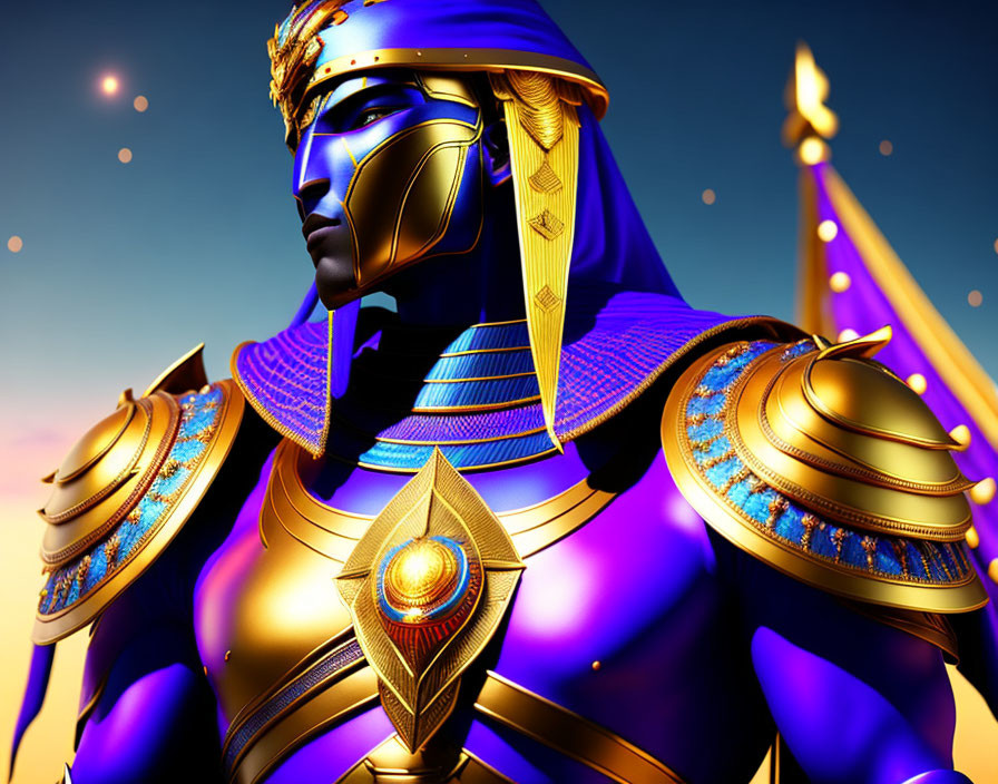 Stylized armored warrior with Pharaoh-like headdress in twilight sky