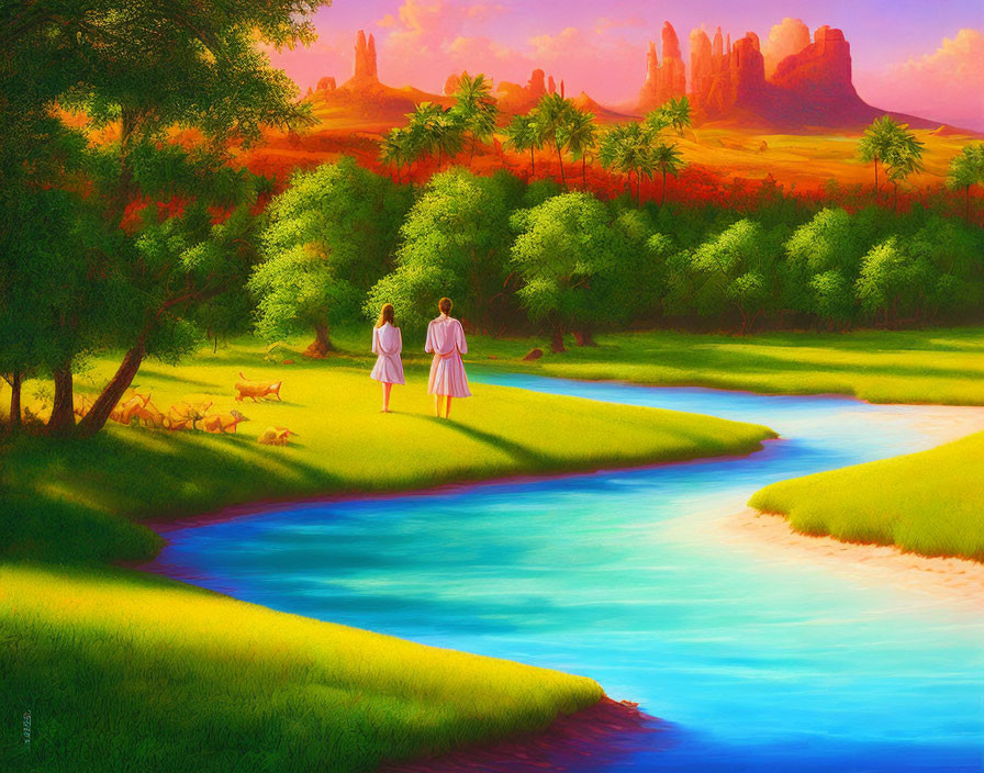 Two people in white outfits by a river in a vibrant landscape with green trees and distant rocky formations.