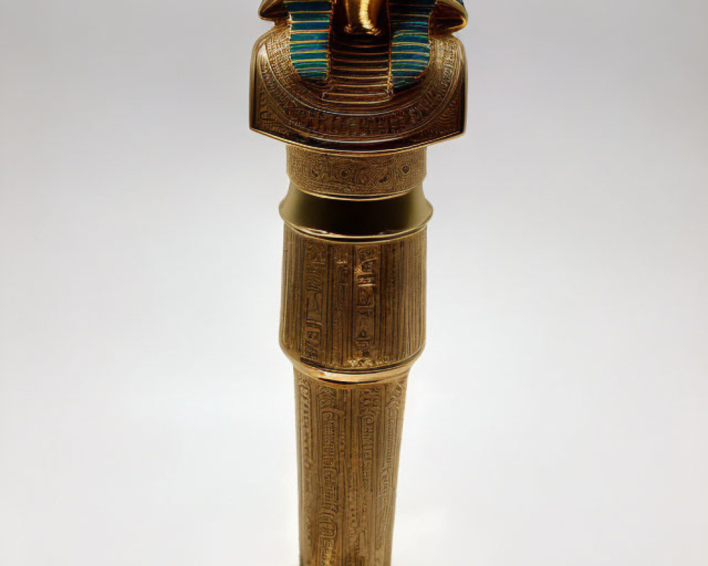 Egyptian Pharaoh Statuette with Blue Striped Headdress on Hieroglyphic Base