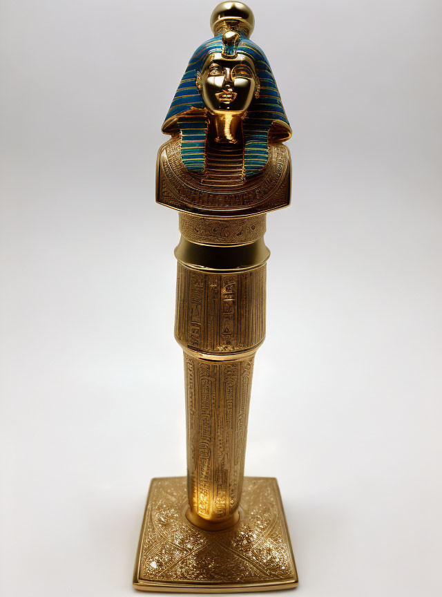 Egyptian Pharaoh Statuette with Blue Striped Headdress on Hieroglyphic Base