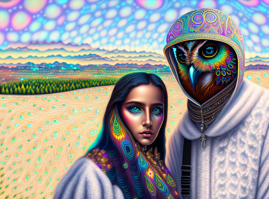 Surreal illustration: iridescent woman and owl on psychedelic background