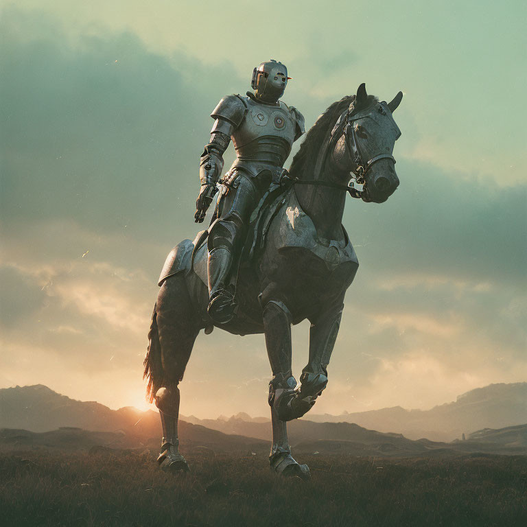 Robot knight in armor riding horse in grassy field at sunset