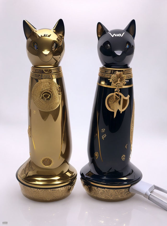 Ornate gold and black cat figurines with Egyptian-inspired design