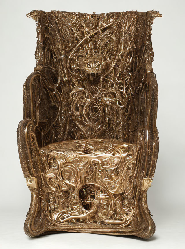 Intricate Sculptural Chair with Tall Backrest and Metallic Finish