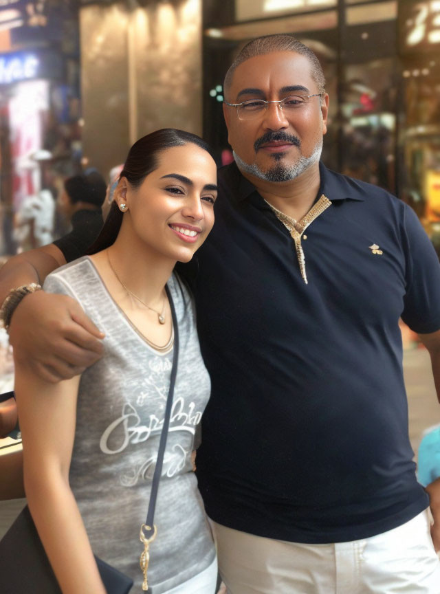 Young woman and older man posing in mall setting with stores and people.