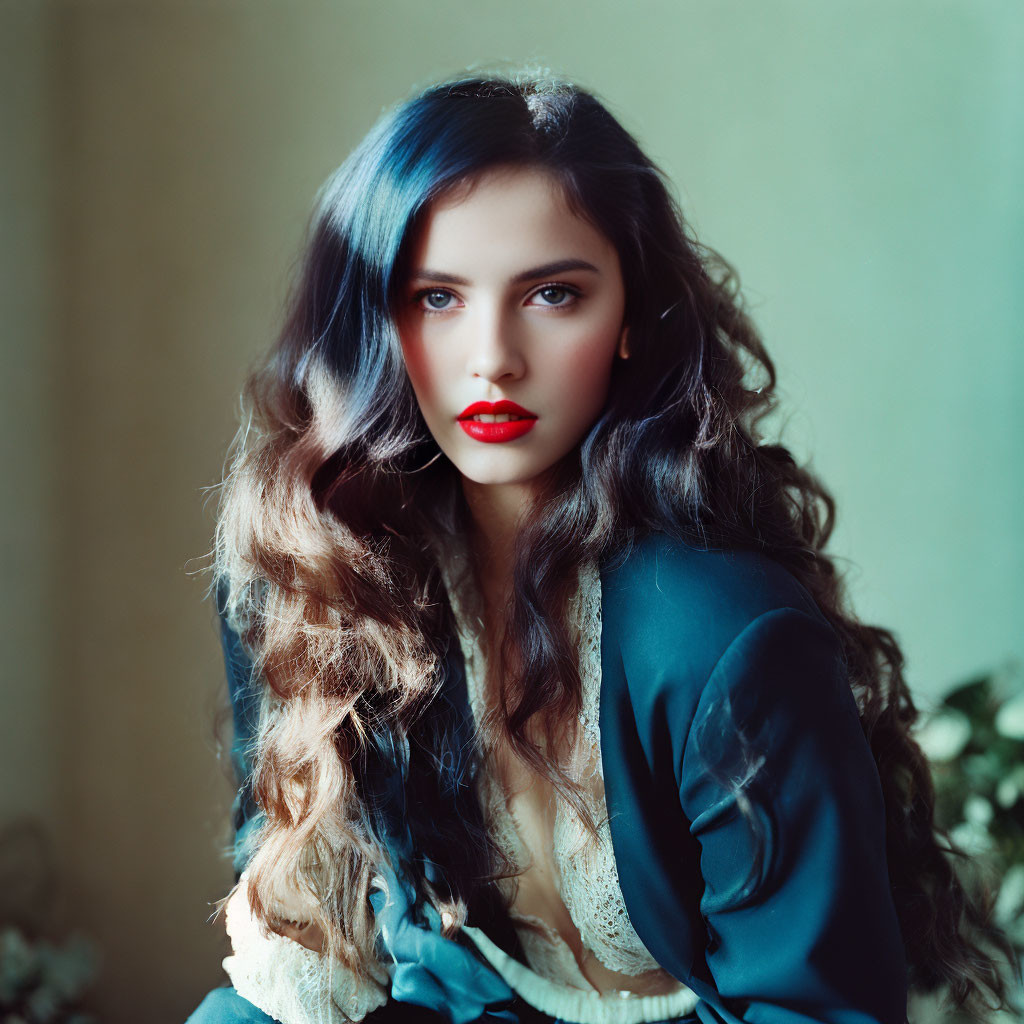 Striking blue-tinted hair and red lipstick on woman with wavy brunette locks