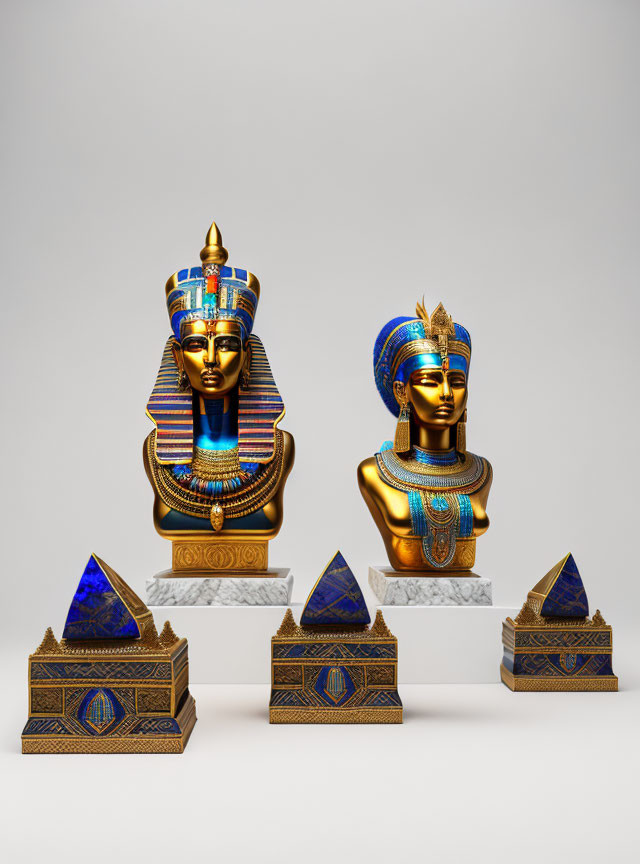 Ancient Egyptian Pharaoh Busts and Pyramids with Detailed Designs