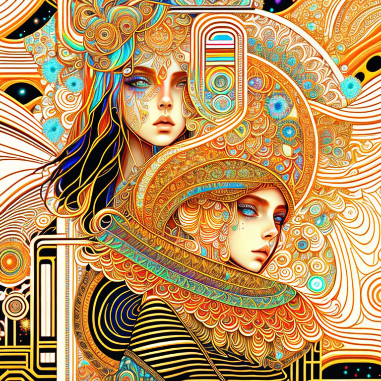 Colorful Psychedelic Art: Stylized Female Faces with Floral and Geometric Patterns