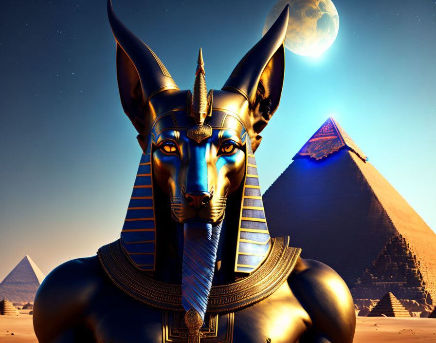 Digital artwork featuring Anubis statue, pyramids, moon in Egyptian desert at night